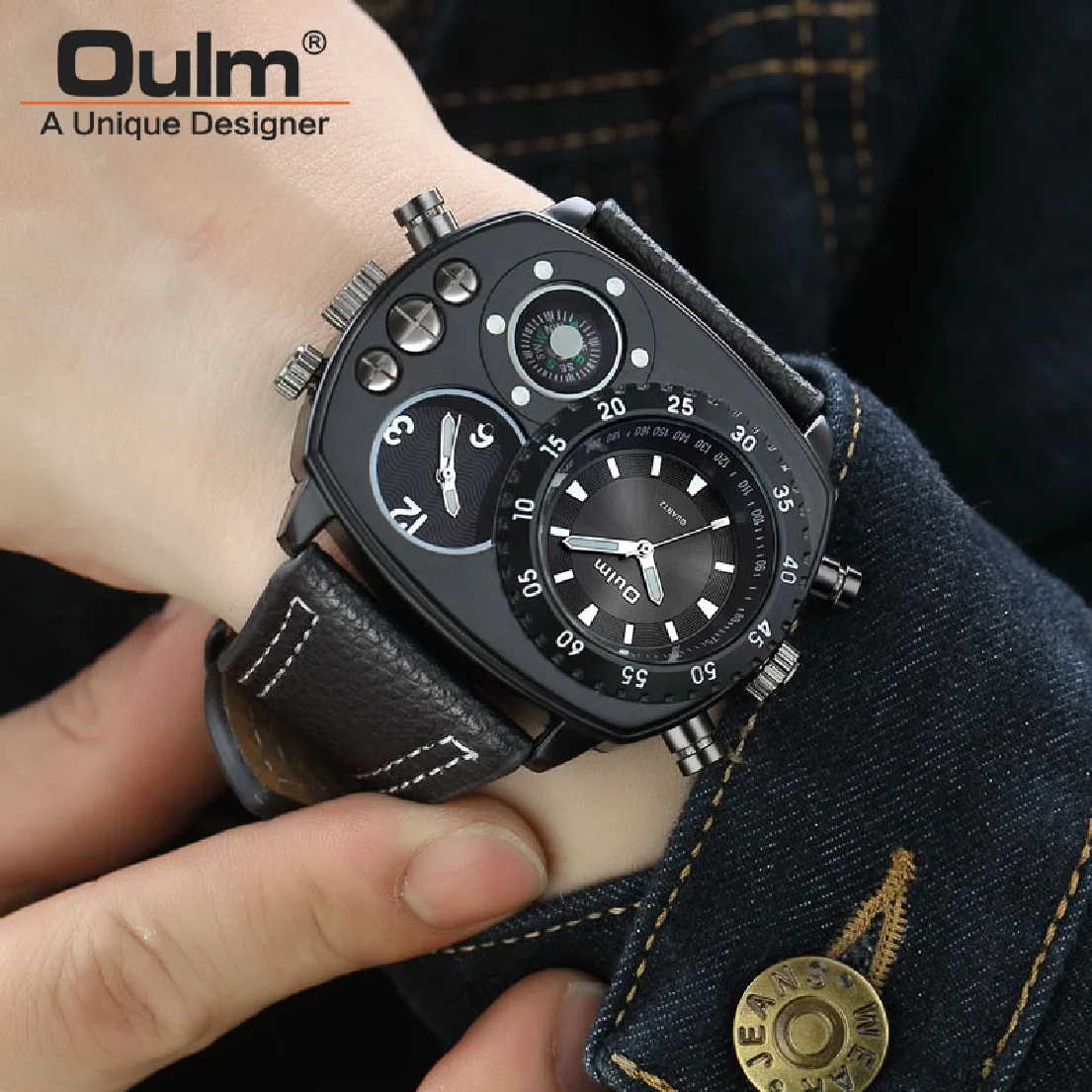 

Oulm 9865 Mens Watches Top Luxury Brand Sport WristWatch Multiple Time Zone Square Quartz Military Genuine Leather Watch
