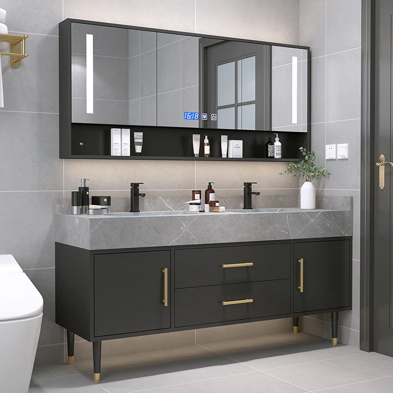 

Marble Countertop Bathroom Accessories Sets Solid Intelligent Wood Cabinet Smart Mirror Vanity Unit Basin Faucet Combination XH