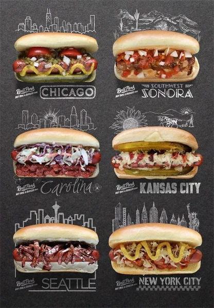 

Hotdog Vintage de diferentes sabores Regional letrero de Metal 8x12 pulgadas Retro Home Kitchen Bar de la pared del Pub