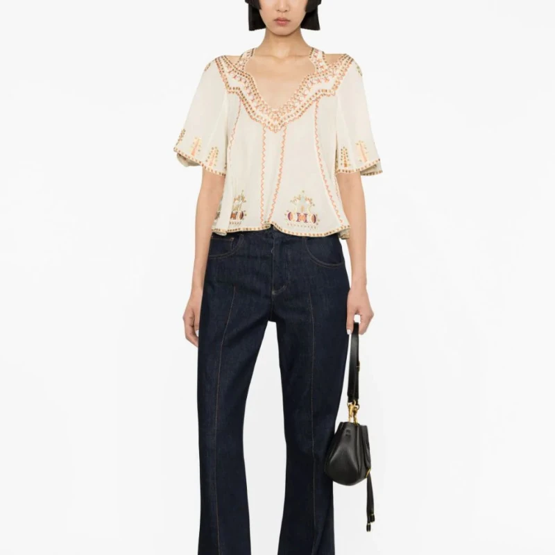 

2023 Summer Retro Bohemian Heavy Industry Three-dimensional Embroidery Beaded V-neck Pullover Women Top