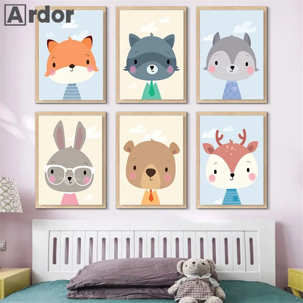

Nursery Wall Art Canvas Print Fox Deer Rabbit Bear Posters Woodland Animal Poster Paintings Nordic Wall Pictures Kids Room Decor