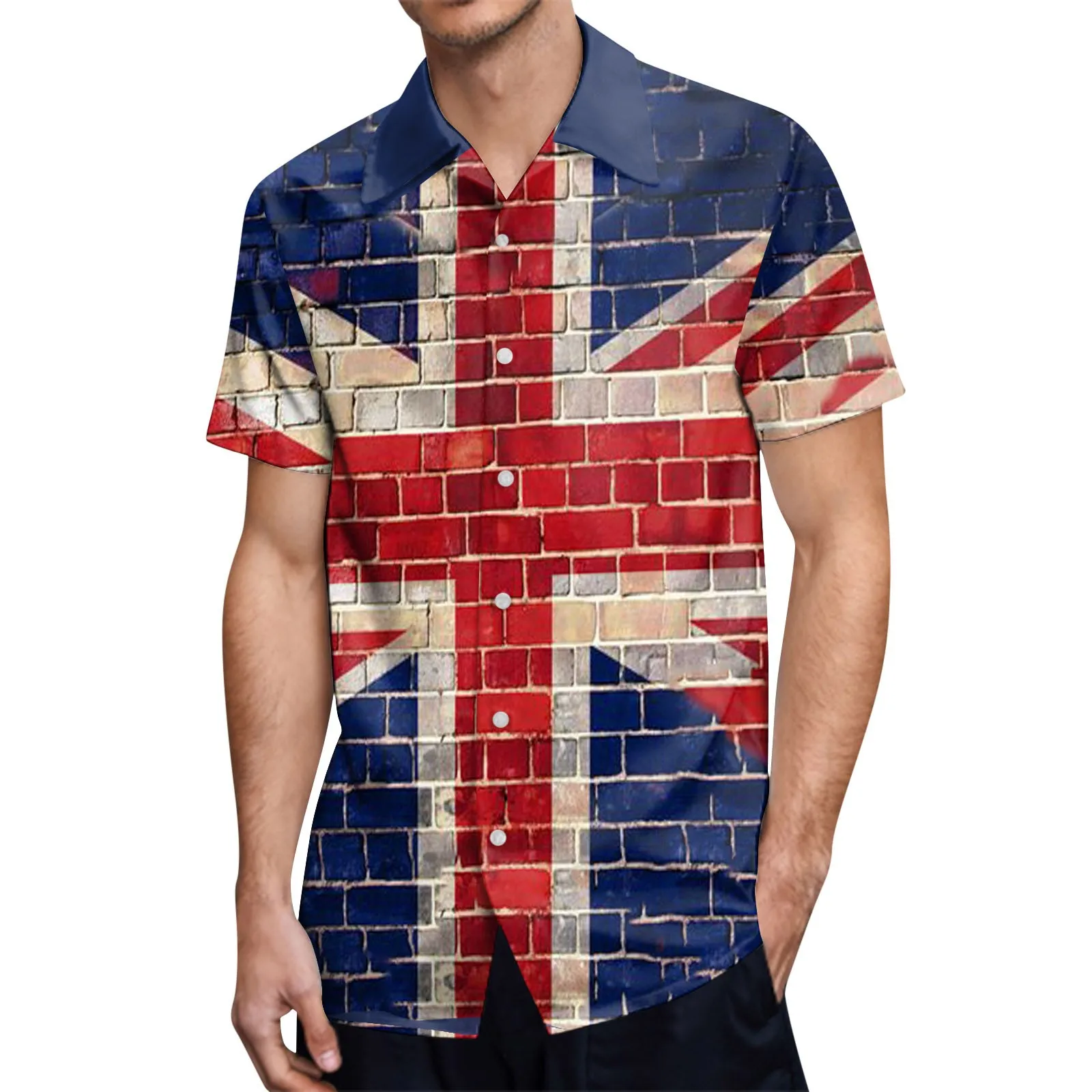 

Mens Fashion Leisure Flag 3d Digital Printing Button Lapel Short Sleeve Shirt