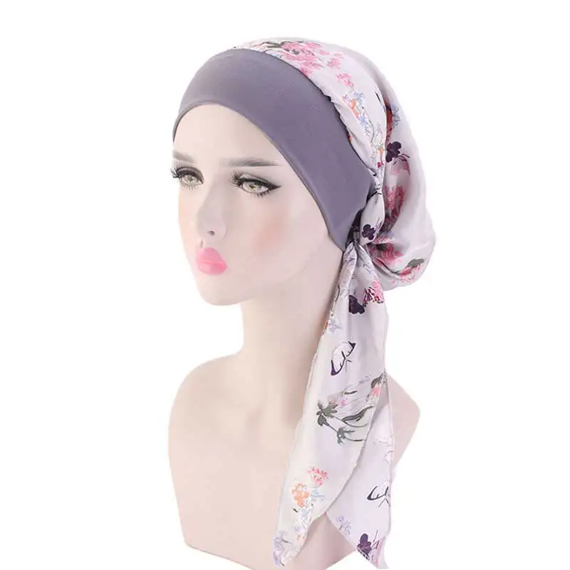Muslim Women Elegant Stretch Hijab Turban Caps Ladies Hair Loss Chemo Cap Islamic Bandana Turbans Long Tail Headscarf Hat