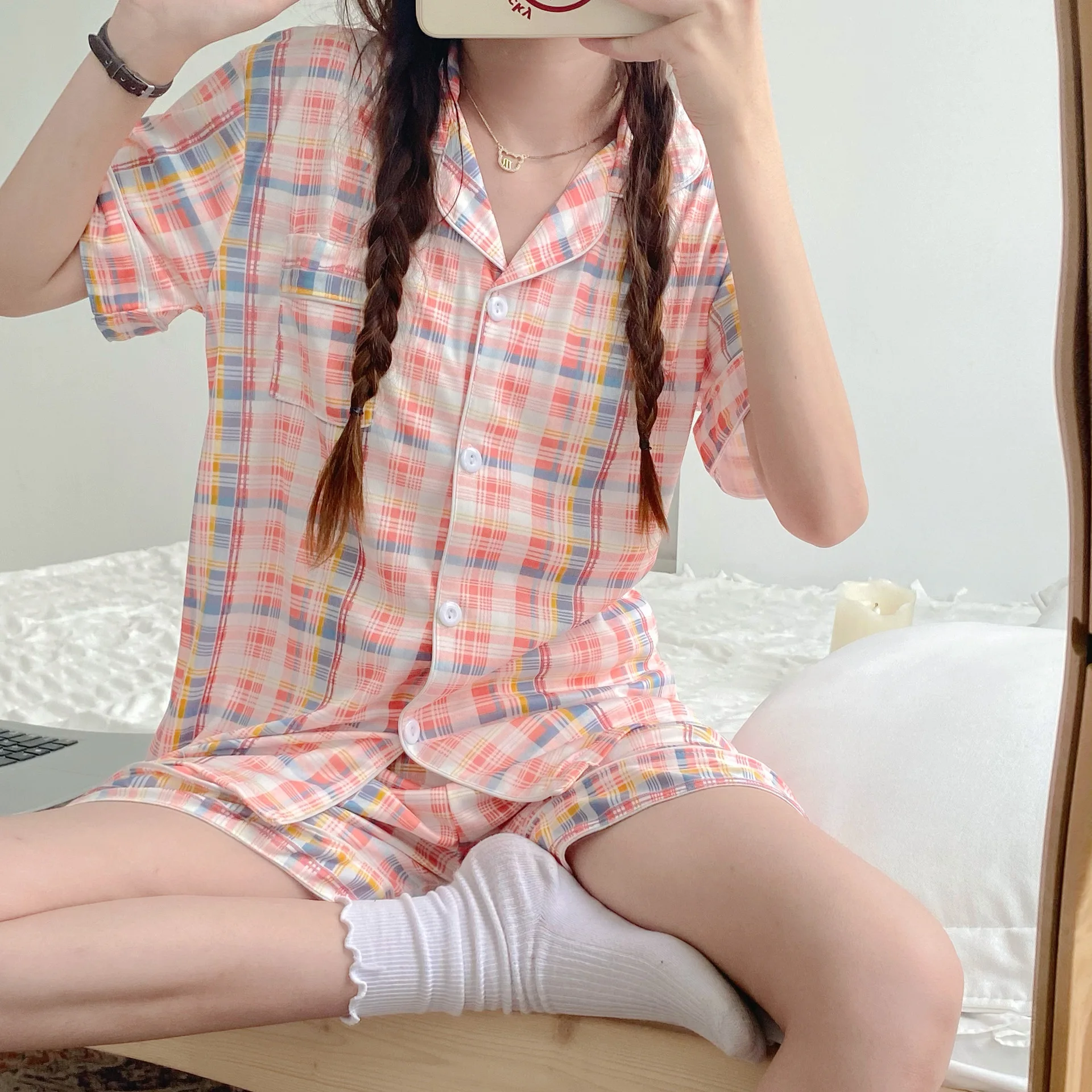 Korean plaid print pajama suit women's 2022 new two-piece suit casual loose soft pajamas thickened pajamas homewear pajamas