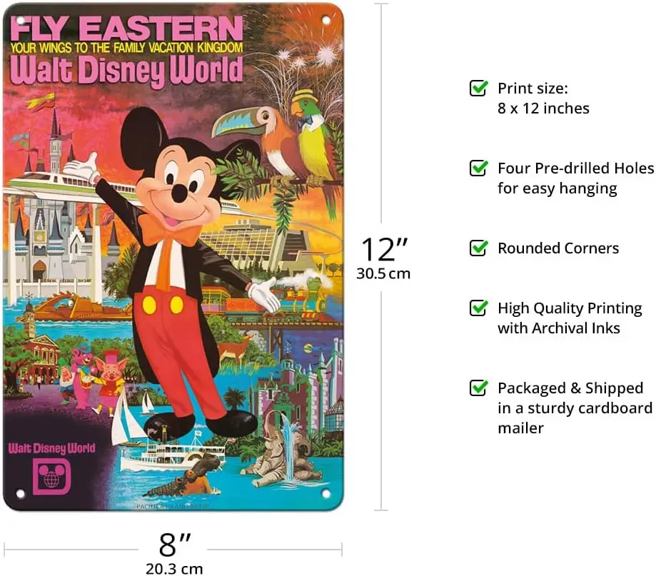 Pcfc slnd rt Wlt Dsney World - Fly Estern r Lnes Orlndo Flord Vntge rlne Trv Плакат c.1980-8 x 12 nch Metl Tn Sgn
