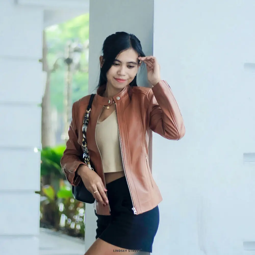 Women Biker Leather Jacket Soft Lambskin Leather Crop Coat Real Leather Jacket Women