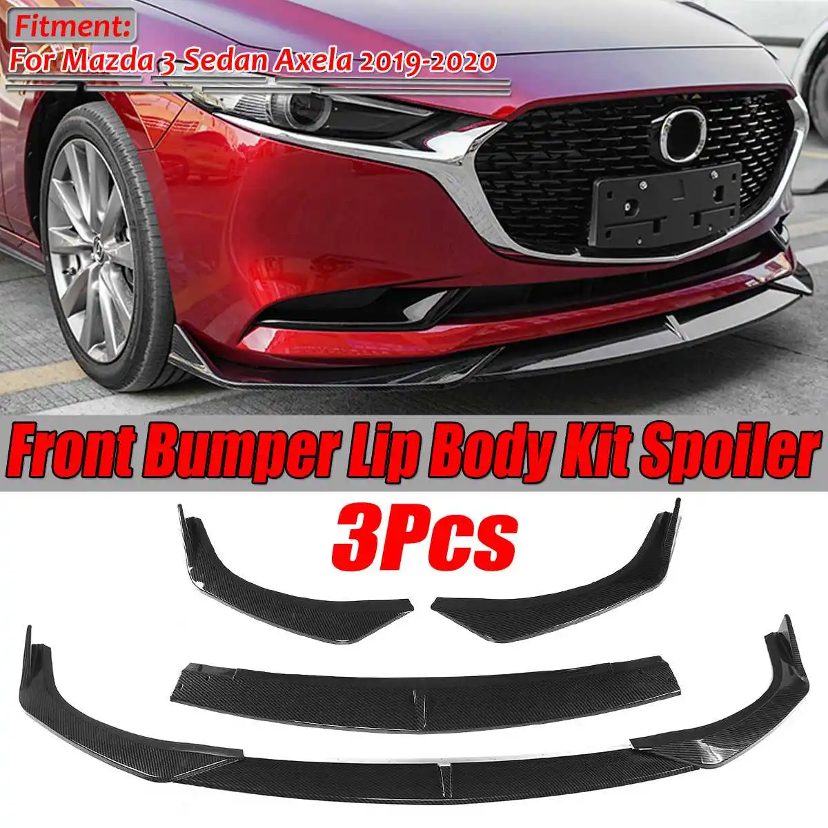 

3PCS Carbon Fiber Look/Black Car Front Bumper Splitter Lip Diffuser Spoiler Guard Cover Trim For Mazda 3 Sedan Axela 2019 2020