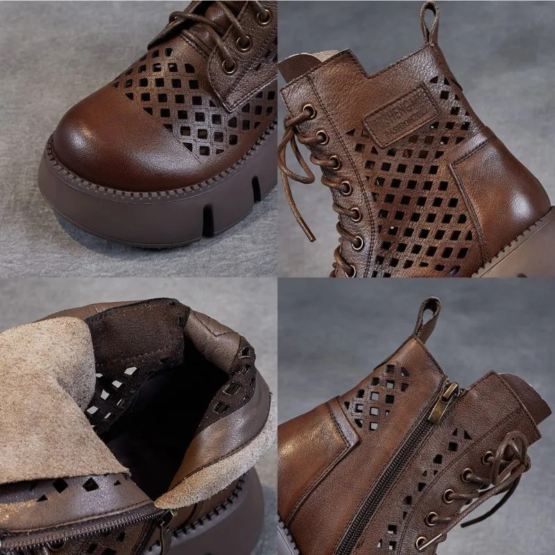 Cowhide muffin bottom retro hollowed-out Martin boots women's thin short boots 2023 new spring and summer heel shoes cool boots