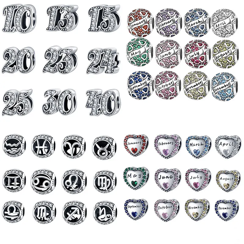 

100% Silver Color Pendant Sparkling Birthstone Zodiac Numbers Charm Bead Fit Original Pandora Bracelet Necklace Women Jewelry
