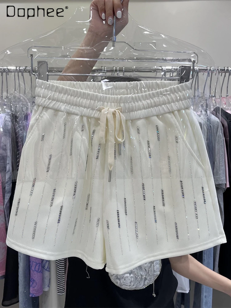 

2022 Summer New woman Wide Leg Tassel Rhinestone Shorts Women's Loose High Waist All-Matching Elastic Waist A- line Hot Pants