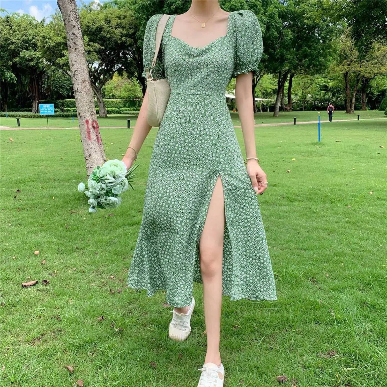 Summer Floral Side-split Vintage Maxi Dress Women Gentle Sexy Slim Puff Sleeve Streetwear Mori-girls Square Collar Vestido Robe