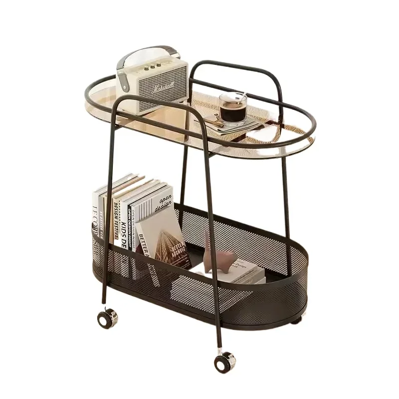 Juego de ruedas madera lujo para sala estar decororación Metal negro vidrio nórdico mesas laterales modernas