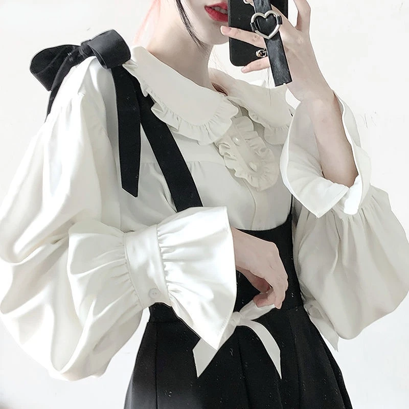 Japanese Style Gothic Lolita Sets Girly Sweet Kawaii Bow Tulle Patchwork Shorts Pants White Blouse Women Cute Outfits