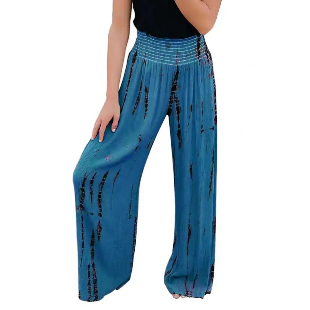 

Women Basic High Waist Wide Leg Trousers Floor-Length Pleated Elastic Waistband Striped Print Casual Long Pants Streetwear
