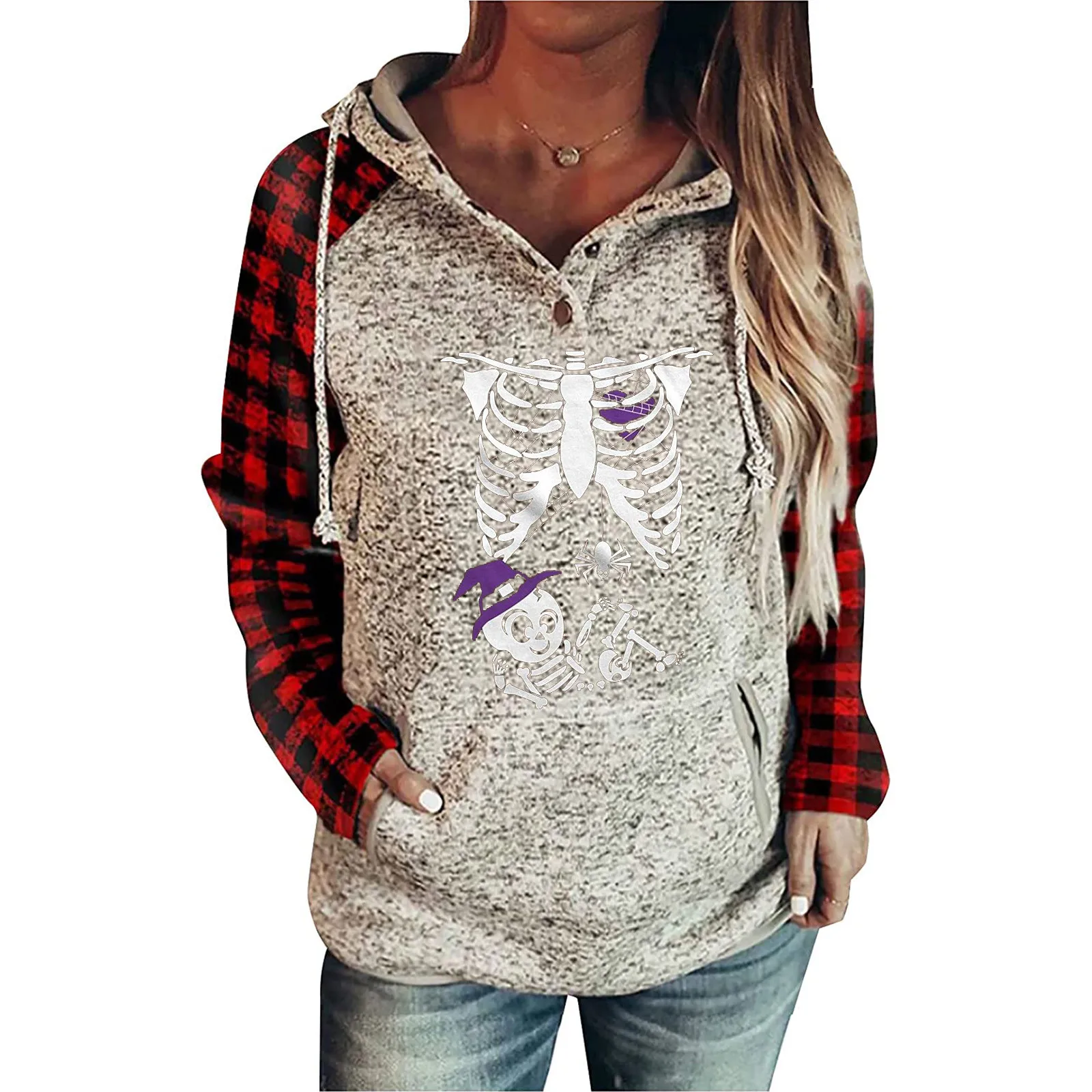 

Пуловер на пуговицах с кулиской и снеговиком, свитшот с капюшоном и карманом, Женская толстовка с капюшоном, свитшоты для женщин, флисовая т...