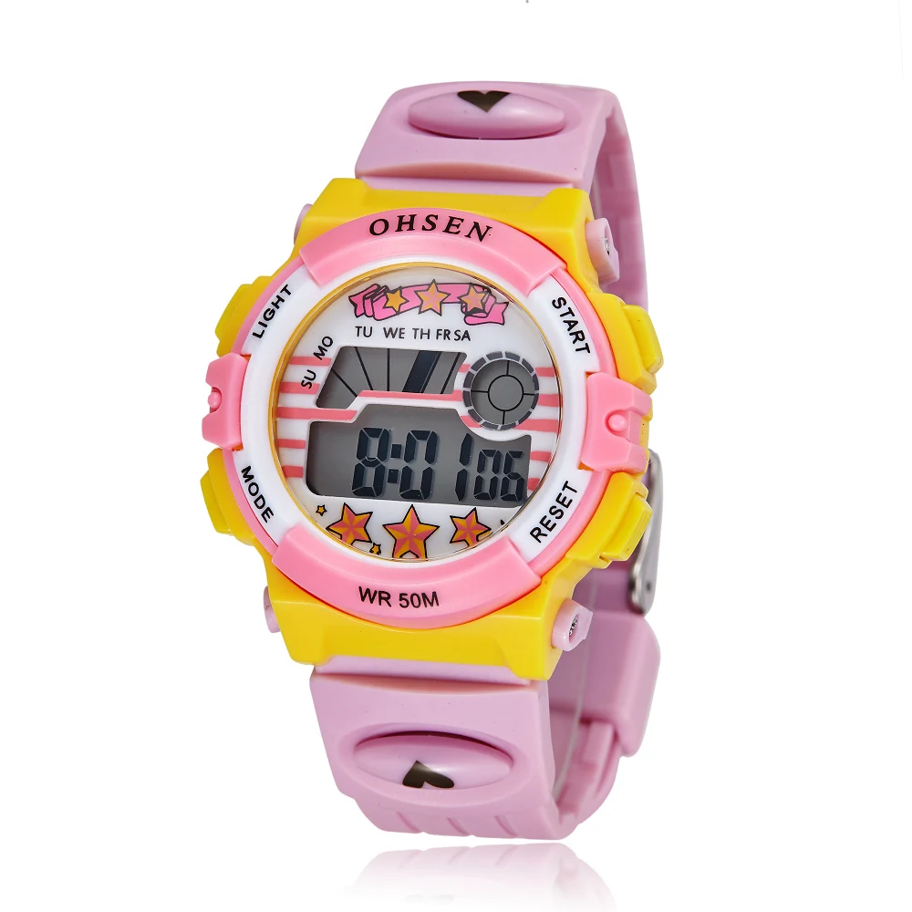 

Детские спортивные часы OHSEN, водонепроницаемые до 50 м, розовые Мультяшные цифровые наручные часы с секундомером, электронные светодиодные детские часы для мальчиков и девочек