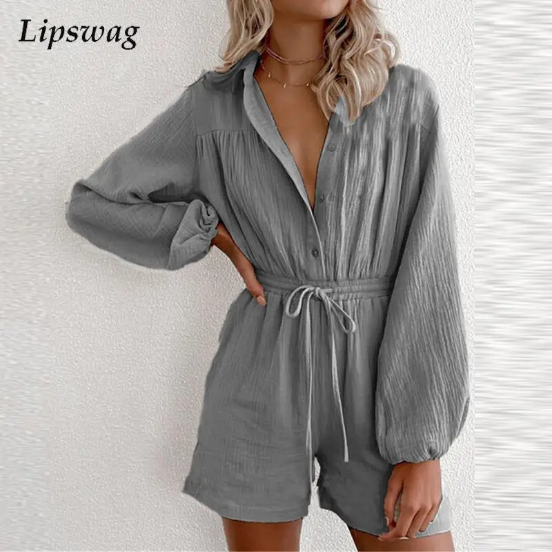 

Autumn Casual Solid Drawstring Shorts Jumpsuits Women New Long Sleeve Buttoned Overall Office Lady Fashion High Waisted Romper