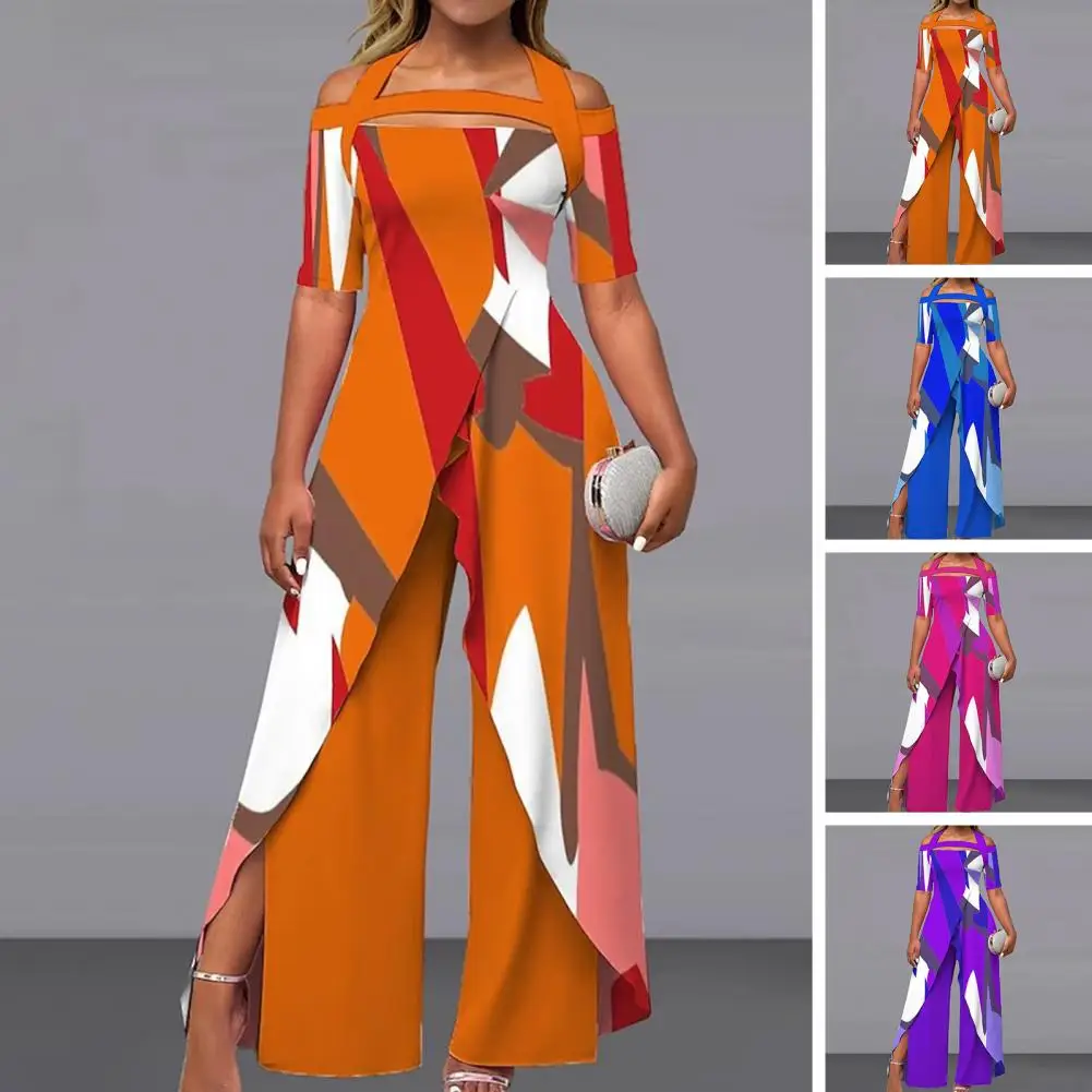 

Women Patchwork Split Floral Off Shoulder Active Jumpsuit Summer Long Wide Leg Pants Loose Fit Short Sleeve overalls