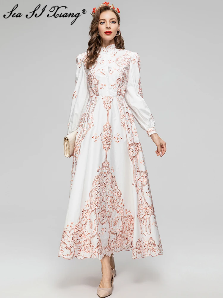 

Модное дизайнерское платье Seasixiang для ранней осени, женское винтажное длинное платье с воротником-стойкой и рукавами-фонариками, вышивкой и вышивкой