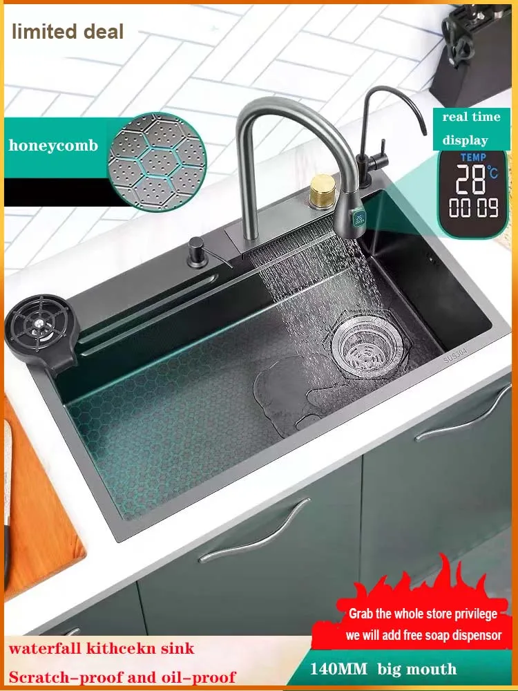 

304 stainless steel flying rain waterfall sinkhousehold nano dish sink kichen thickened vegetable basin honeycomb large sink