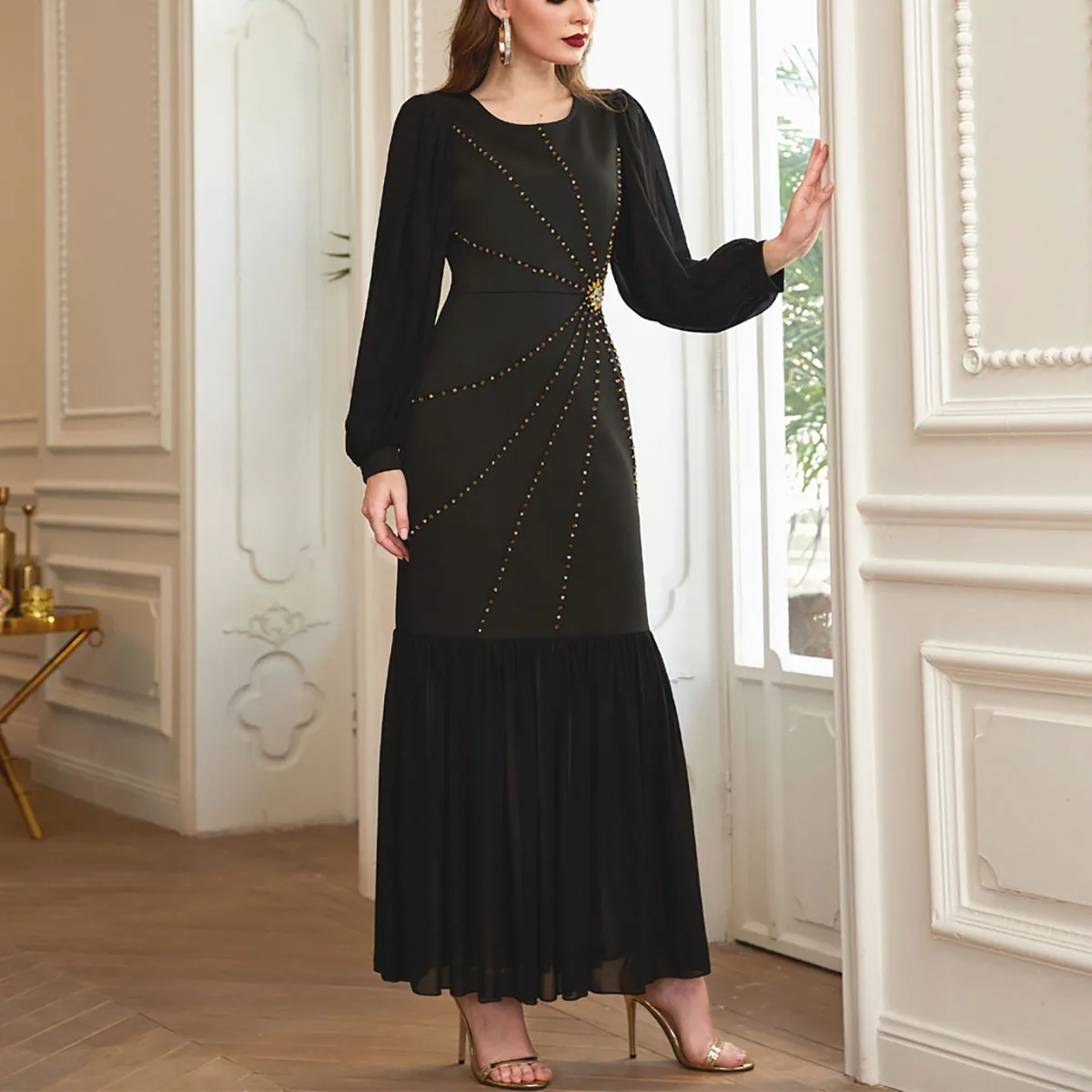 Women Elegant Slim Balloon Sleeve Handmade Diamond Party Dress Dress Muslim Kaftan Dress