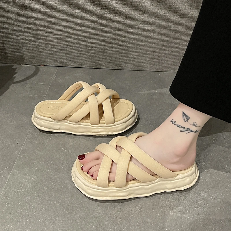 

Slippers Casual Shoes Med Platform Summer Clogs Woman Pantofle Slides Luxury Beach 2022 Flat Rubber Cross-tied PU Fabric