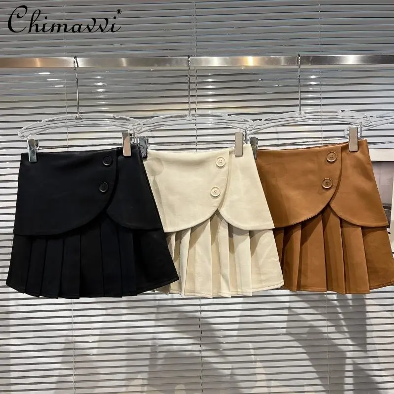 

Fall 2022 New Elegant Simple Classic Style Stitching Above Knee Skirt Women Fashion Solid Office Lady PU Leather Pleated Skirt