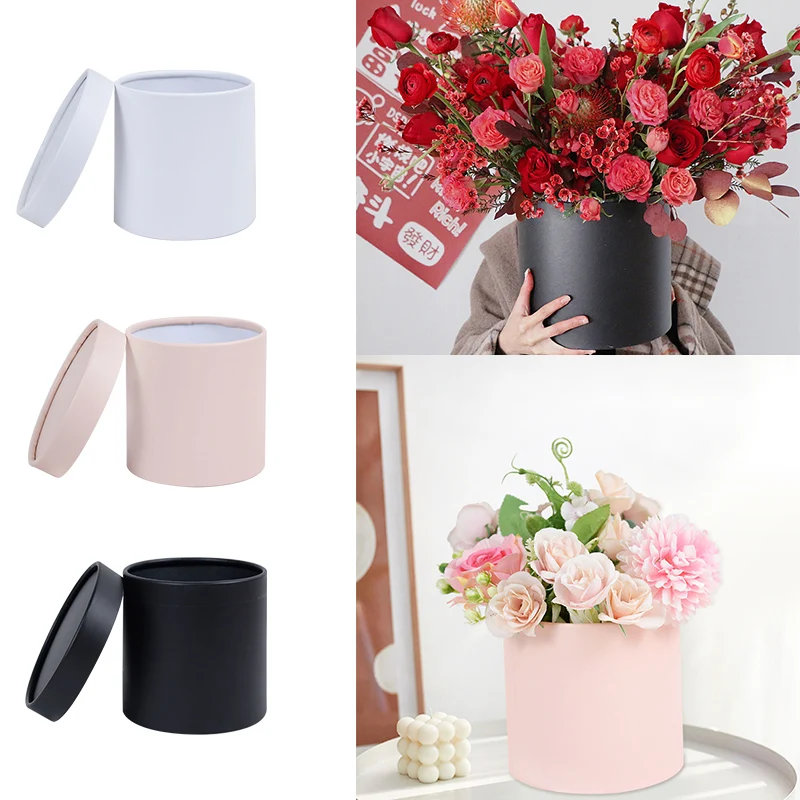 

Pink/White/Black Flower Box 12x12cm Portable Round Bouquet Gift Packaging Boxes Small Hug Bucket for Wedding Home Decoration