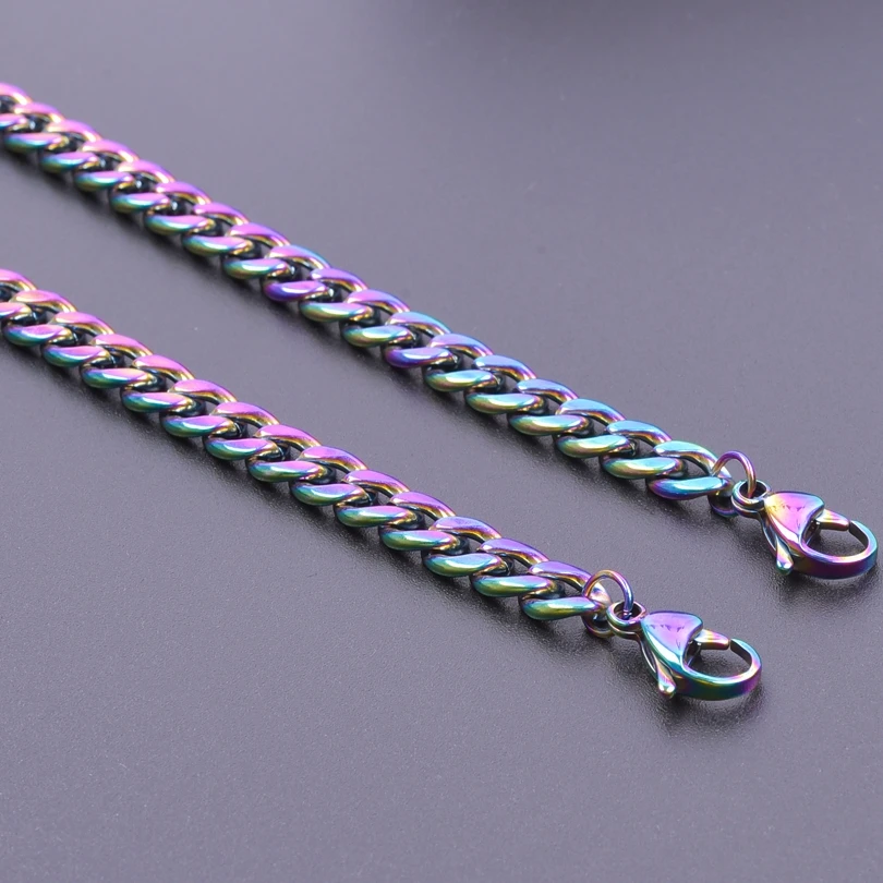 

10PCS Rainbow Charm Cuban Link Chain Necklace for Men Women Pendant Basic Punk Chunky Figaro Stainless Steel Jewelry Gifts