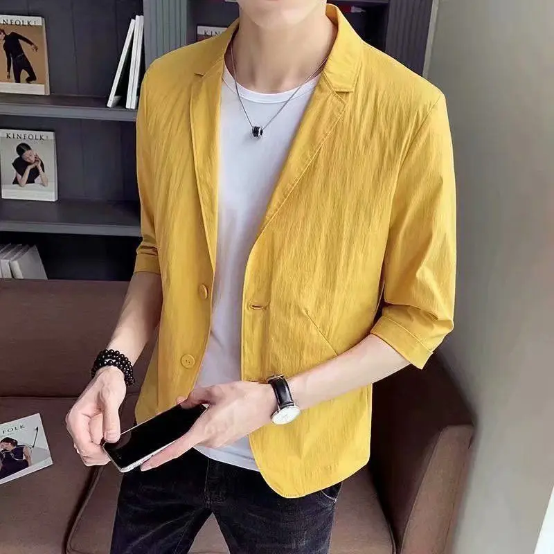 

Summer Blazers Jacket Mid-Sleeve Casual Suits For Men Clothing Sunscreen Thin Button Coat Korean Slim Solid Tops Costume Homme