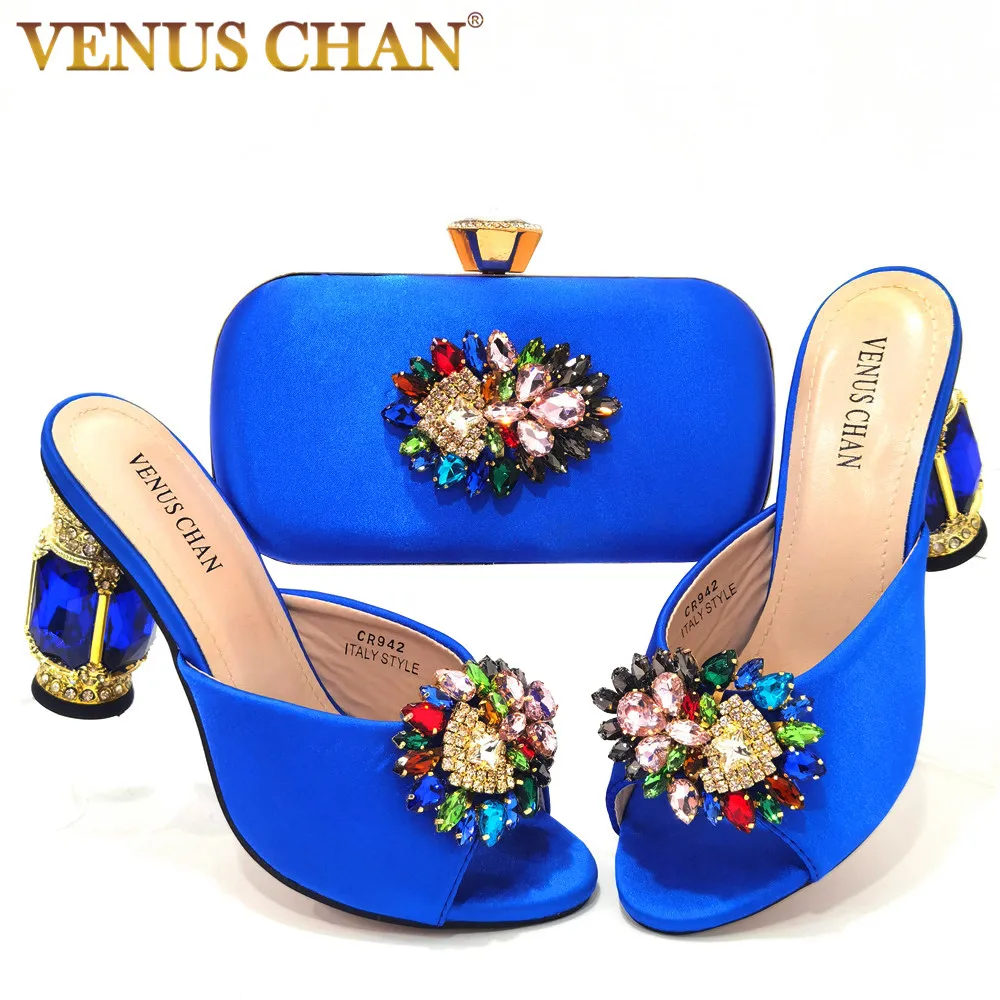 

Latest Royal Blue Shoes and Bags Set 2023 Spring New Design Mature Style Italian Women Sandals with Shinning Crystal for Party