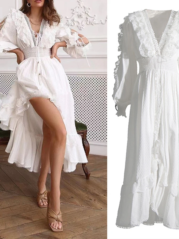 

DesireFair High-Quality Women Elegant Celebrity Style New V-Neck High Waist Lace Drawstring Front Split Solid Color Dress