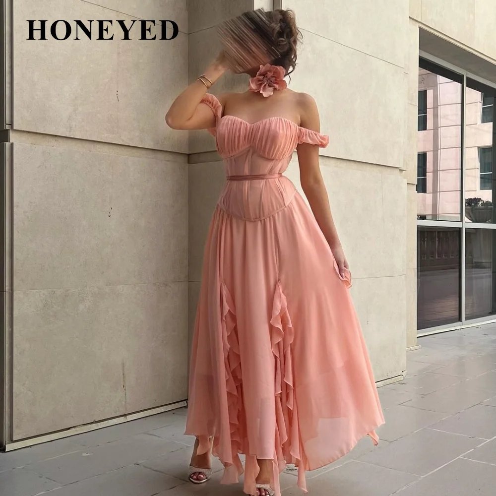 

Женское платье с открытыми плечами Honeyed, платье в пол для выпускного вечера из Саудовской Аравии с оборками, вечернее платье с поясом ручной работы, официальное платье, 2023