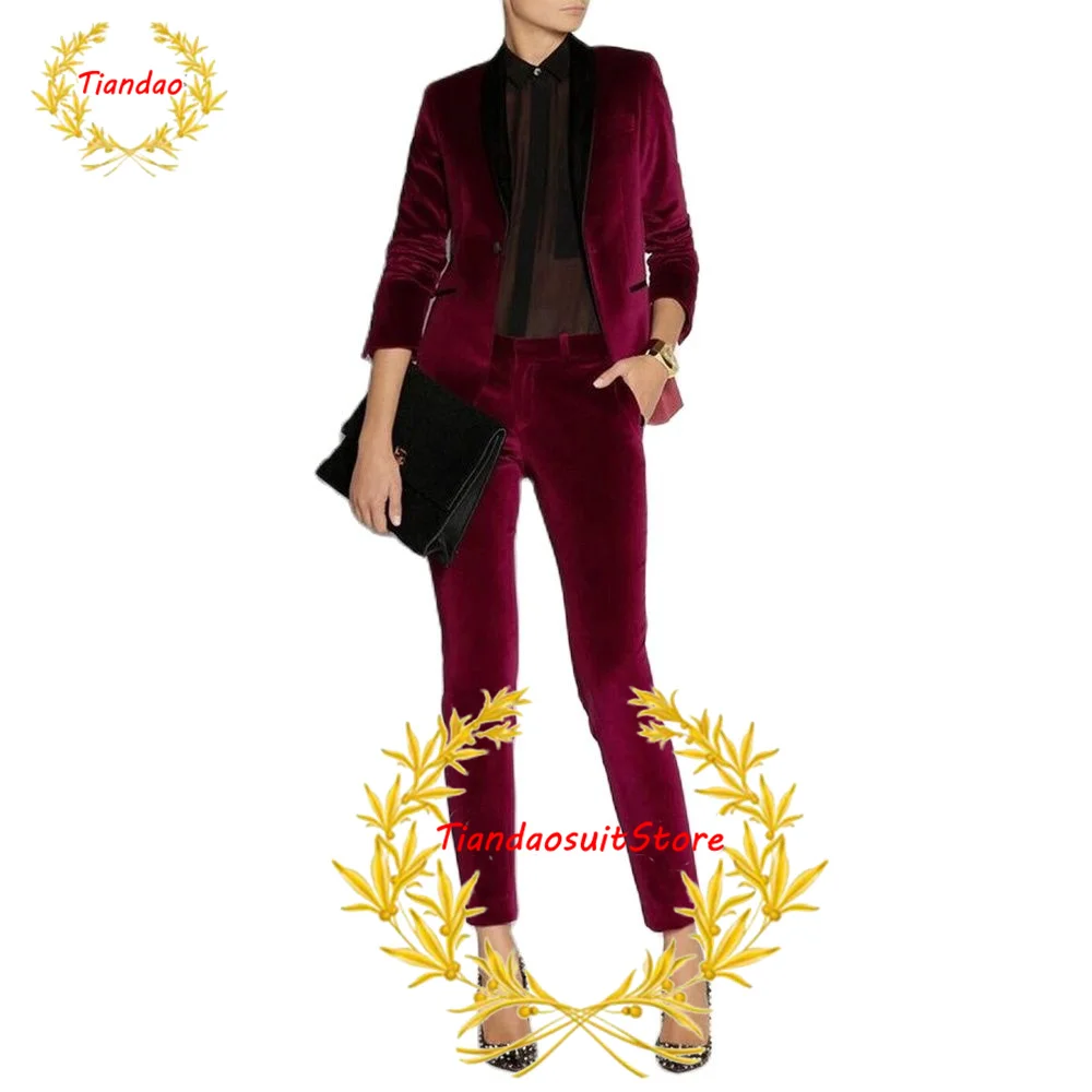 Gold Velvet Women's Suit 2 Piece Winter Slim Pants Set Formal Lady Blazer Mommy Party Tuxedo Office Wear