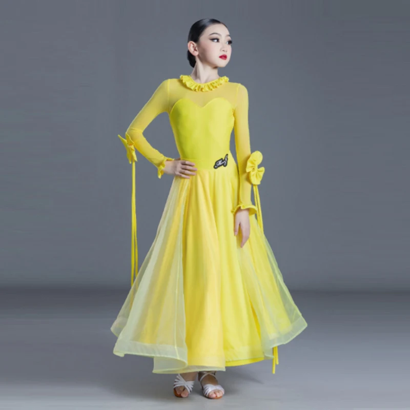 

Girls Yellow Ballroom Dance Competition Dress Tango Dancer Outfit Tops Skirt Latin Dancewear Prom Waltz Dancing Costume VDB5080