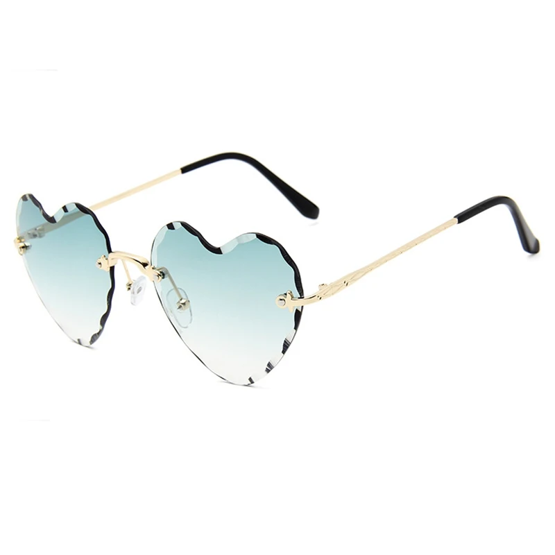 

Heart Shaped Rimless Ocean Sunglasses For Women Car Driving Travel Metal Green Sun Glasses Trendy Ladies Female Mirror Eyewear