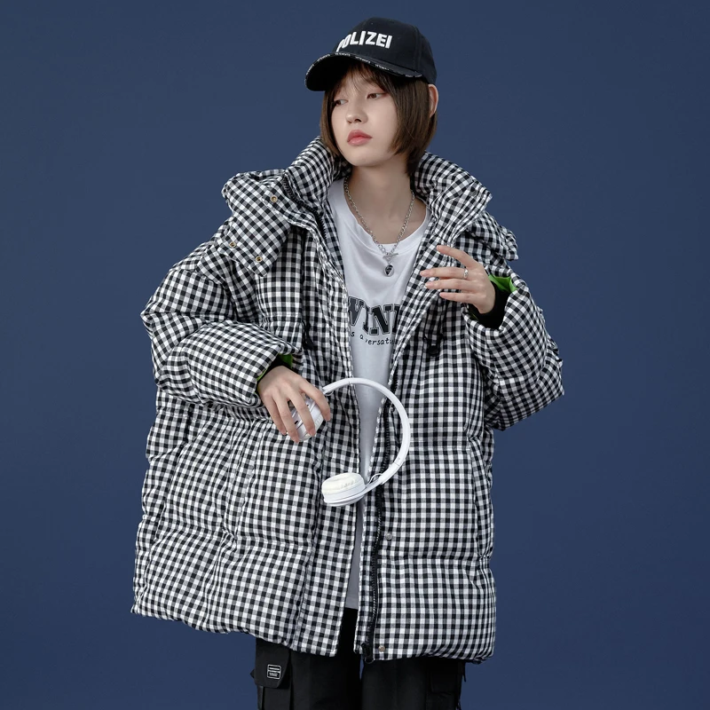 Women Winter Plaid Jackets Long Sleeve Down Cotton Parkas Coats Hooded Thick Plus Velvet Warm Coat Casual Loose Female Overcoat