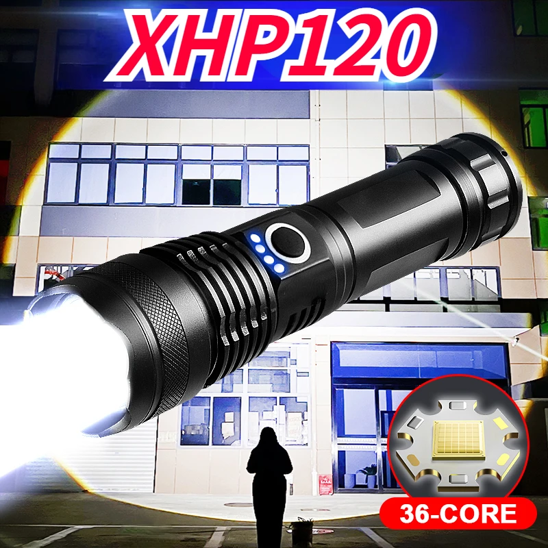 

Супермощный фонарик XHP120 светодиодный, USB заряжаемая вспышка светильник 26650, высокомощные фонарики, тактический фонарь, большой радиус