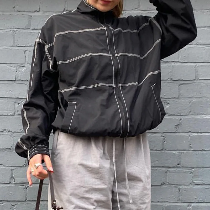 

MONMOIRA осенние повседневные свободные куртки на молнии для женщин, американская винтажная куртка Y2K с верхней строчкой, женская уличная одежда