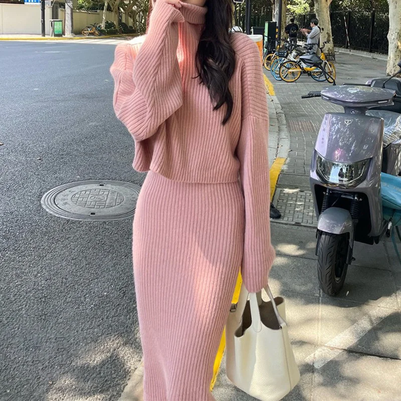 

Женское осеннее трикотажное платье, офисный женский корейский однотонный костюм, зимний теплый свитер и юбка, комплект из двух предметов