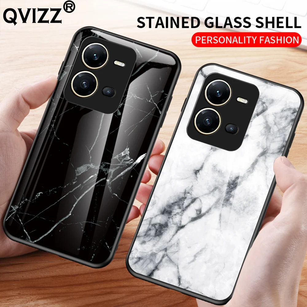 

Tempered Glass Phone Case for Vivo V25 Luxury Marble Soft Silicone Edges Hard Back Cover Shockproof Protective Cute Cover