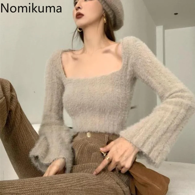 

Nomikuma Sweater Women Square Neck Slim Bodycon Warm Soft Pull Femme Hiver 2022 Vintage Elegant Fashion Casual Jersey Mujer