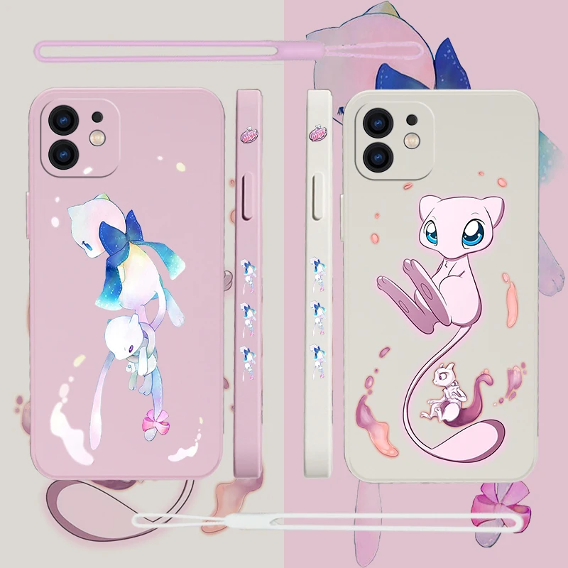 

P-Pokemon Mewtwos Phone Case For iPhone 14 13 12 11 Pro Max Mini X XR XS MAX SE20 8 7 Plus 6 Plus Silicone Cases with Hand Strap