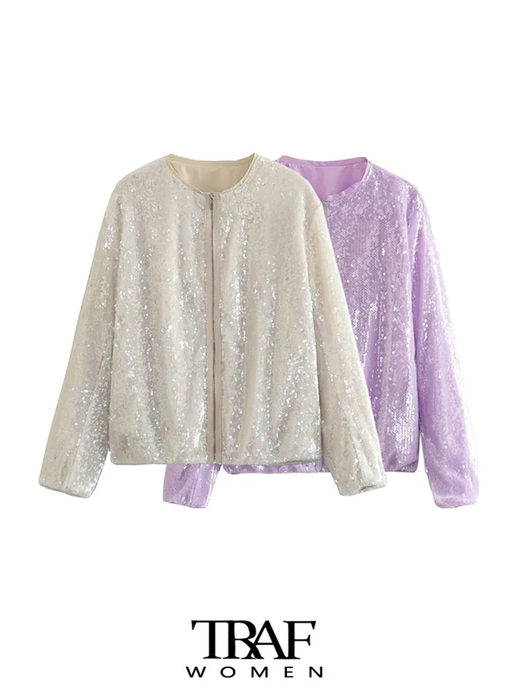 

TRAF Women Fashion Sequin Bomber Jacket Coat Vintage Long Sleeve Front Zipper Female Outerwear Chic Tops