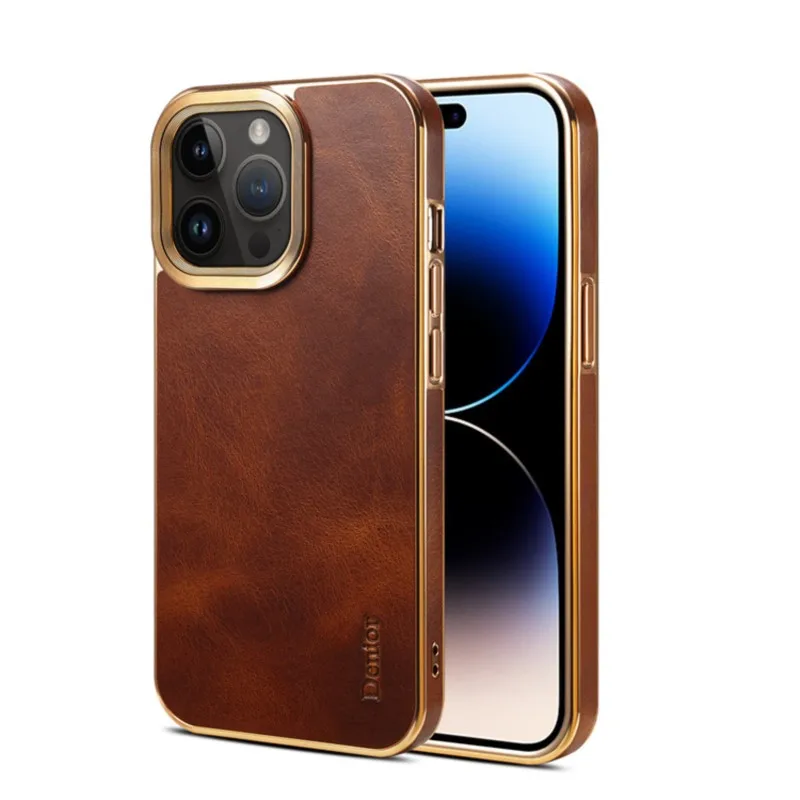 High End Business Retro Oil Wax First Layer Leather Turnkey Electroplating Case For iphone 14 13 12 Pro Max Plus New Products
