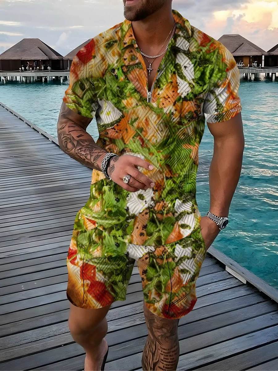 

Мужской комплект спортивной одежды, комплект из 2-х предметов, рубашка поло на молнии с короткими рукавами и шорты, Повседневная Уличная одежда, лето 2022