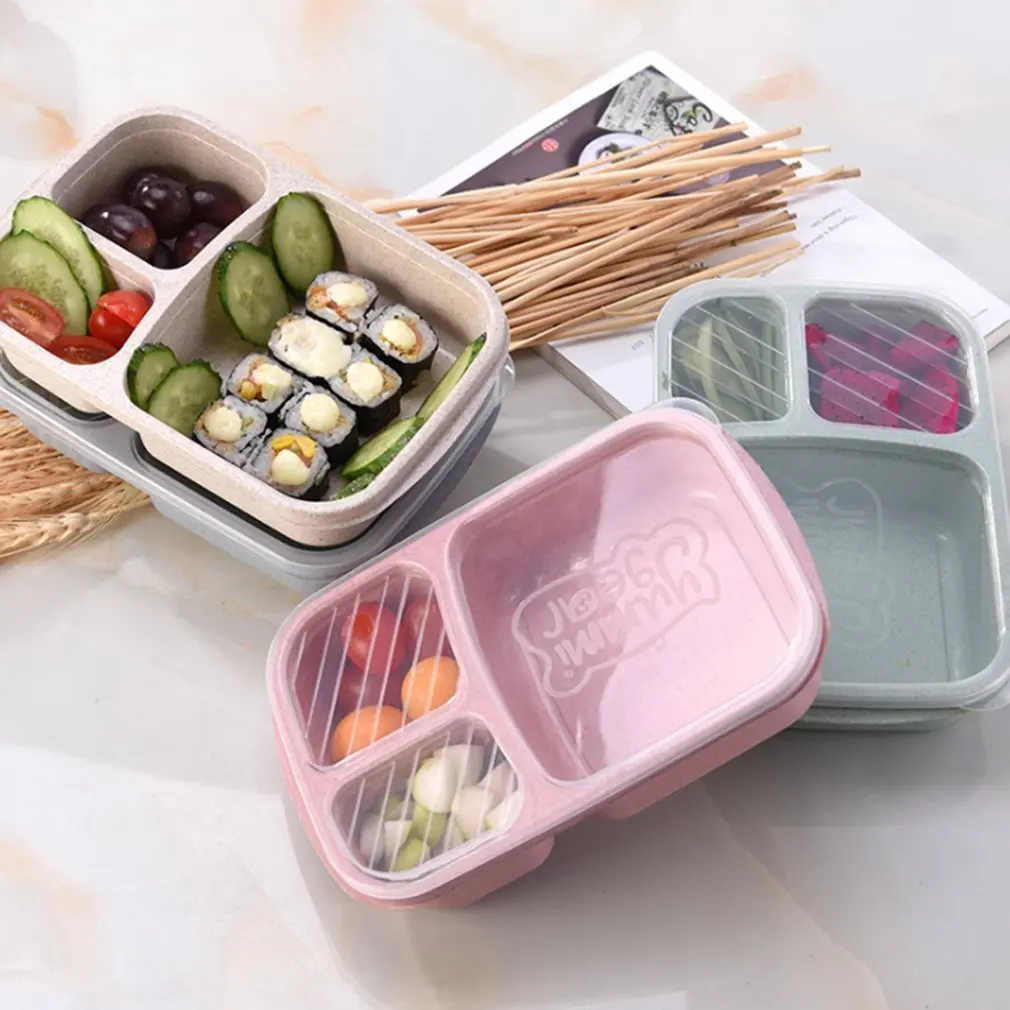 

Wheat Straw Bento Box 3 Grids with Lid Microwave Food Box Biodegradable Storage Container Lunch Bento Box Dinnerware Set