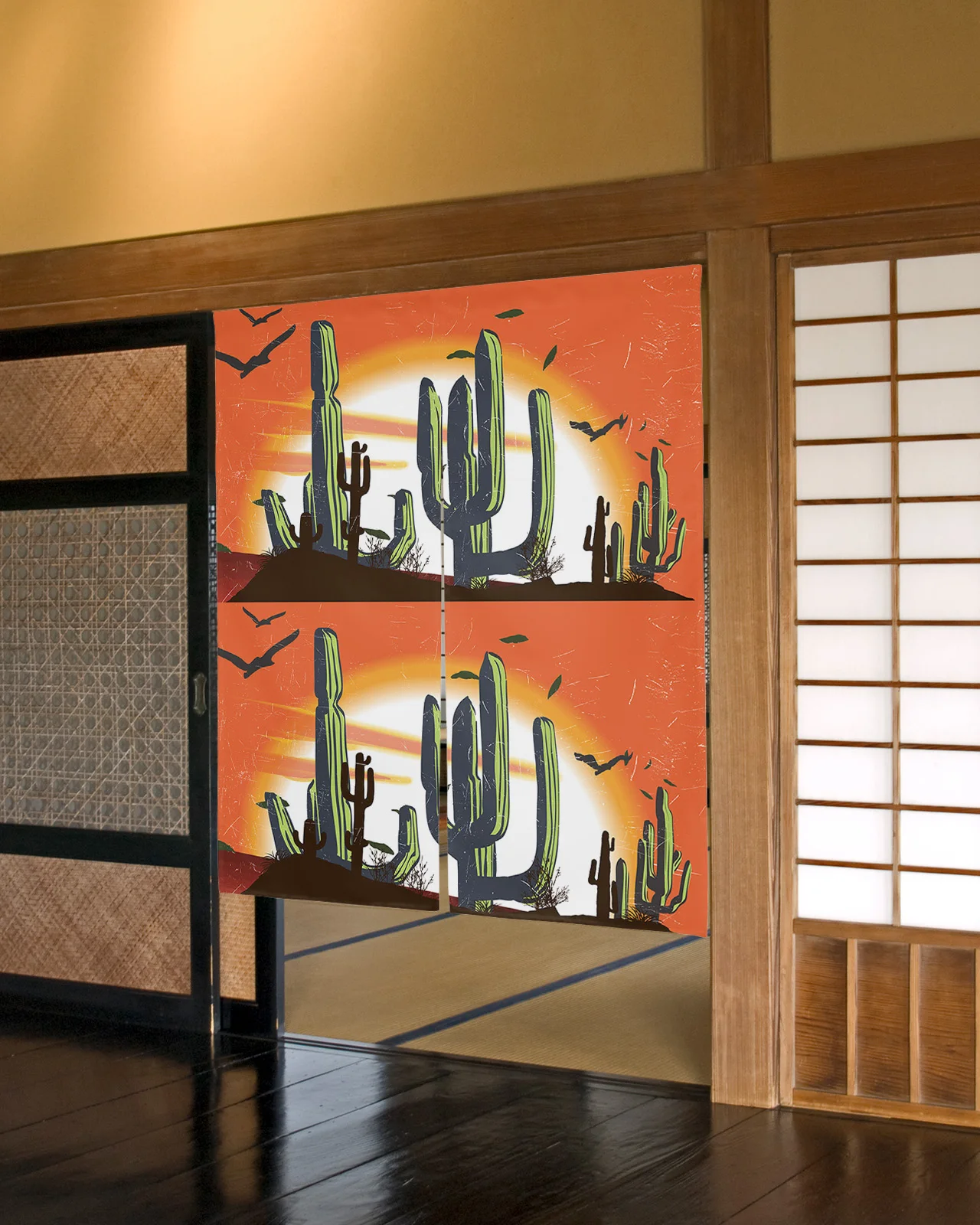 

Cactus Desert Sunset Japanese Door Curtain Restaurant Kitchen Entrance Partition Doorway Curtains Half-Curtain