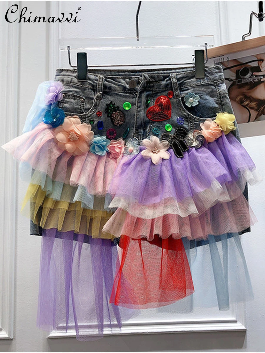 

2022 Summer New Female Fashion Sweet Elegant Patchwork Denim Shorts Women Streetwear Sequins Patchwork Beading Wid-leg Hot Pants