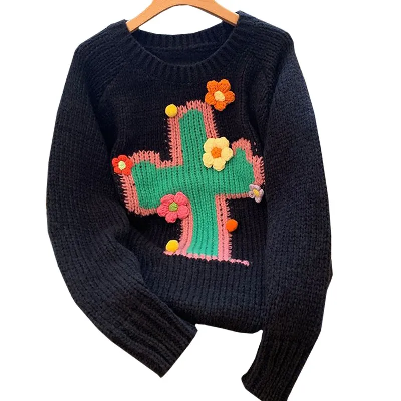 

Tender Fashion Autumn Winter Y2k Cactus Harajuku Stereoscopic Flower Women's Sweater Small Size Fit Long Sleeve Female Knitwear